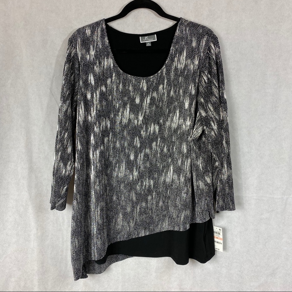 JM Collection shiny silver and black top